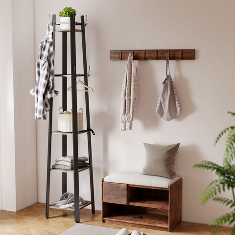 HOMCOM Industrial Coat Stand with Storage Shelves and Hooks