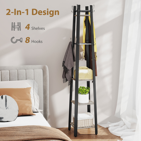 HOMCOM Industrial Coat Stand with Storage Shelves and Hooks
