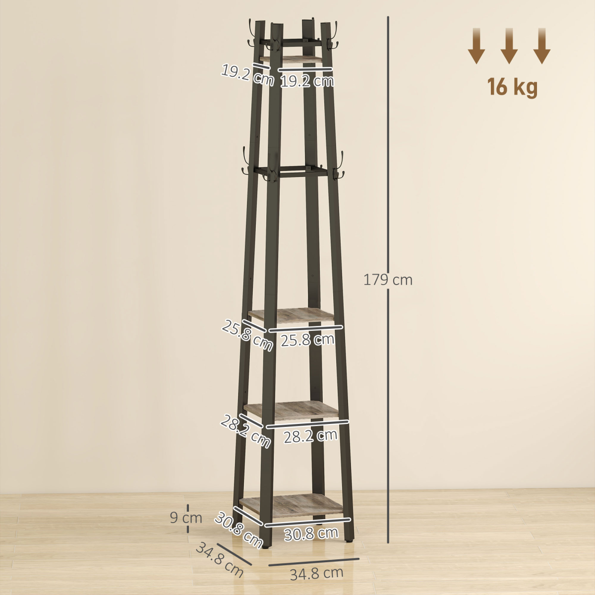 HOMCOM Industrial Coat Stand with Storage Shelves and Hooks