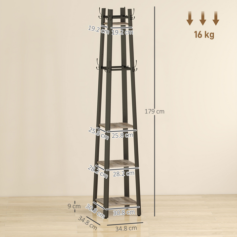 HOMCOM Industrial Coat Stand with Storage Shelves and Hooks