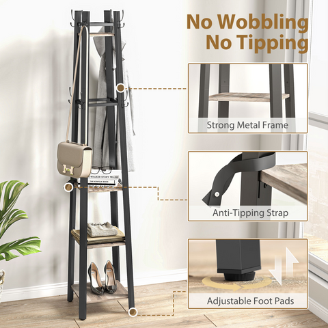 HOMCOM Industrial Coat Stand with Storage Shelves and Hooks