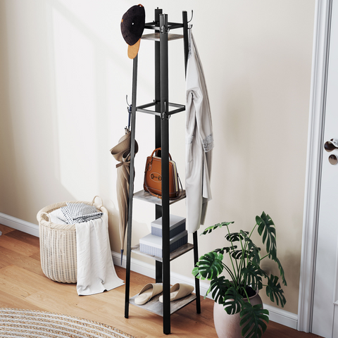 HOMCOM Industrial Coat Stand with Storage Shelves and Hooks