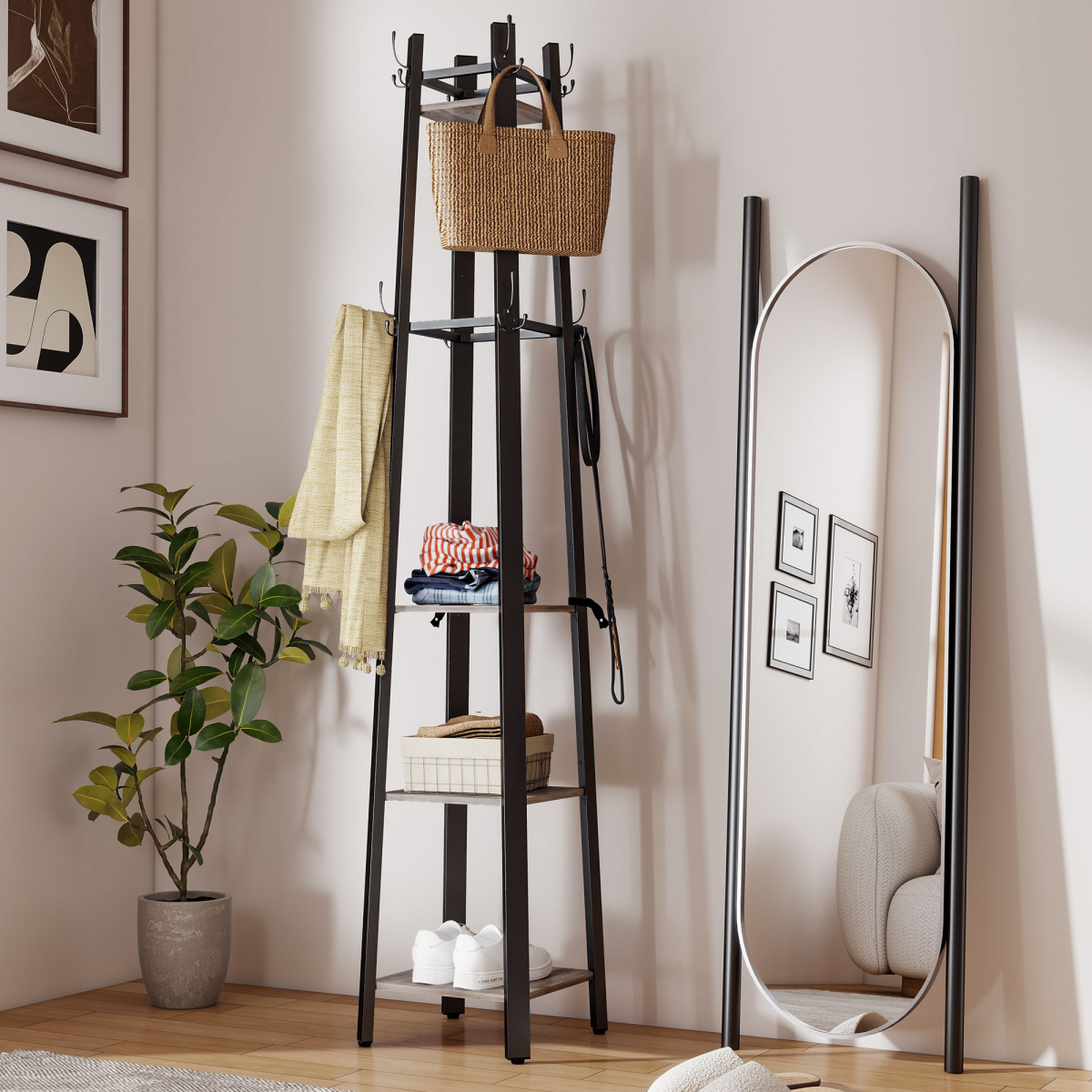 HOMCOM Industrial Coat Stand with Storage Shelves and Hooks