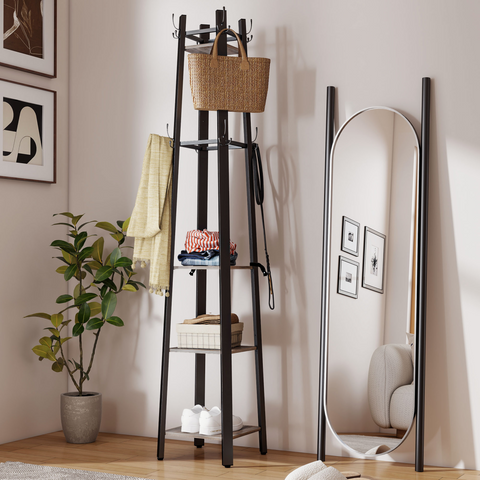 HOMCOM Industrial Coat Stand with Storage Shelves and Hooks