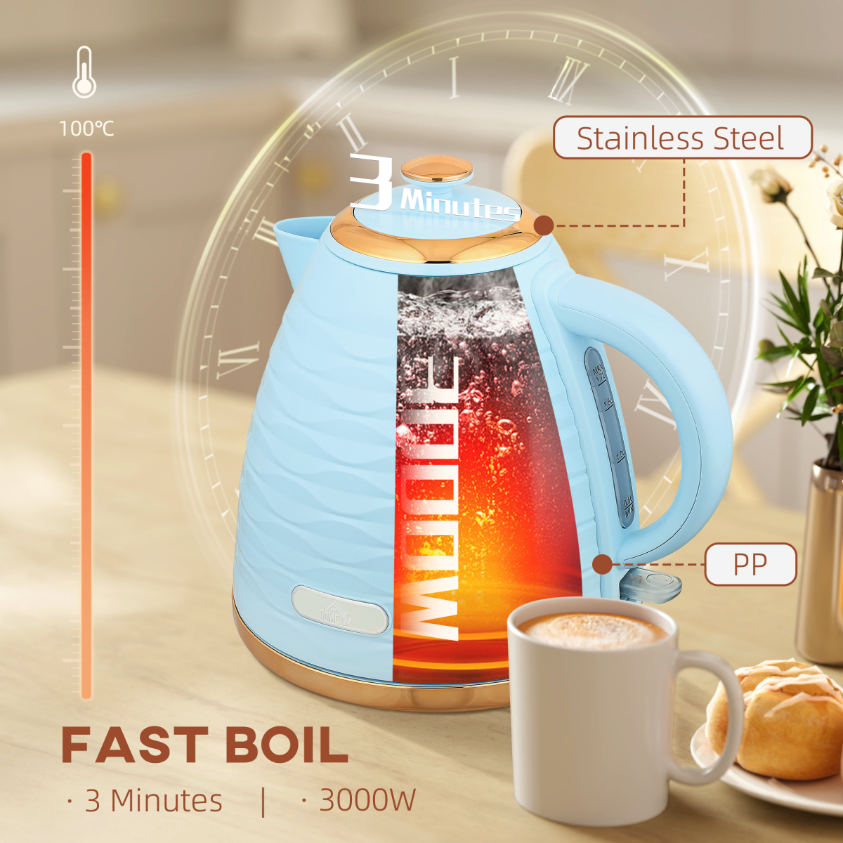 HOMCOM Electric Kettle, Fast Boil, 1.7L, 3kW, Swivel