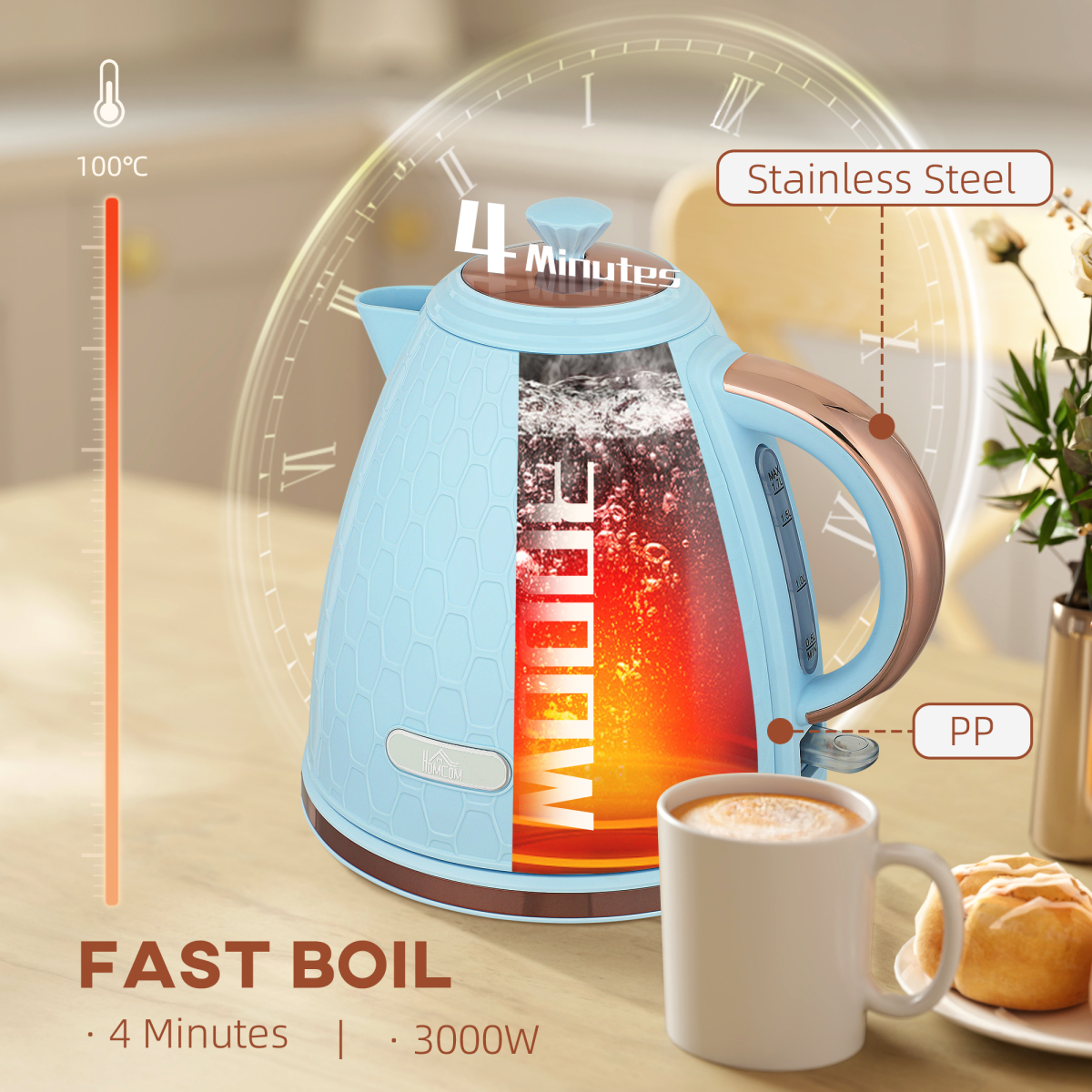 HOMCOM Electric Kettle, Fast Boil, 1.7L, 3kW, Auto Shut-off