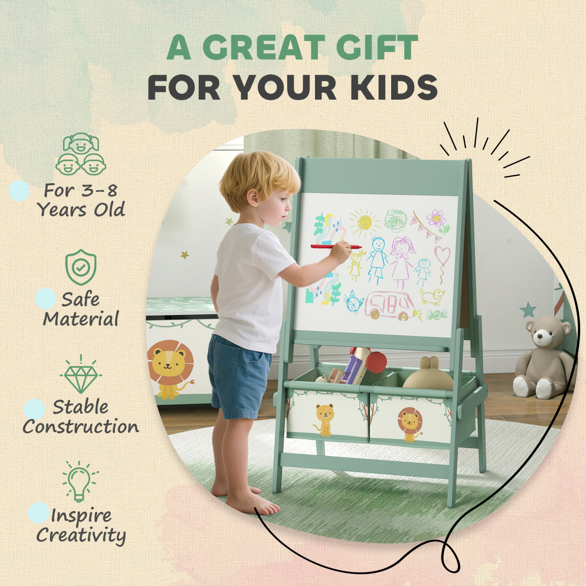 AIYAPLAY Kids Easel, Double-Sided Art Easel with Paper Roll
