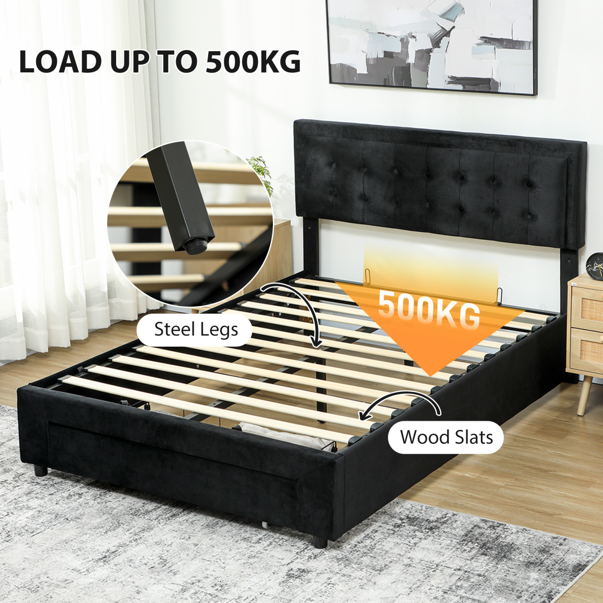 HOMCOM King Size Bed Frame with Storage and Adjustable Headboard