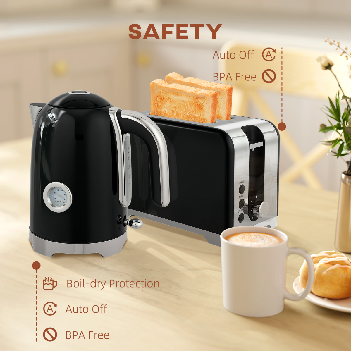HOMCOM Kettle and Toaster Set with Temperature Gauge, Crumb Tray
