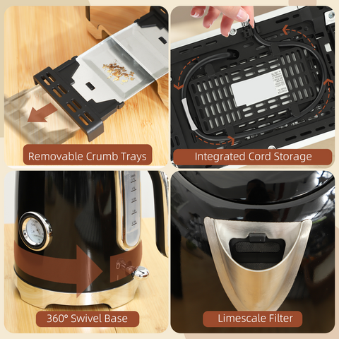 HOMCOM Kettle and Toaster Set with Temperature Gauge, Crumb Tray