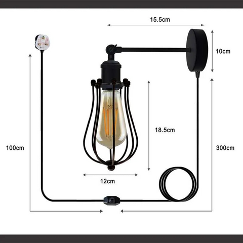 Black Vintage Industrial Light Plug in Wire cage E27 Wall Lamp~5059