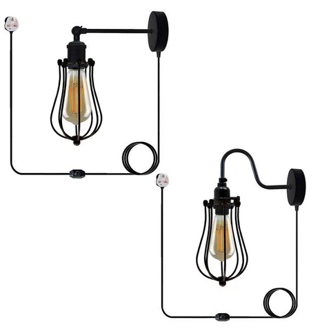 Black Vintage Industrial Light Plug in Wire cage E27 Wall Lamp~5059