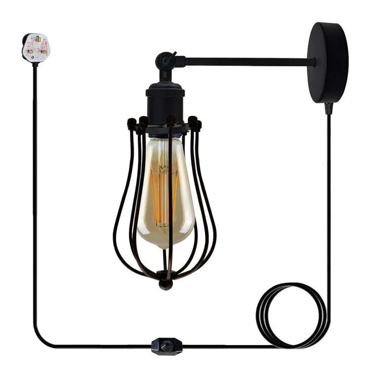 Black Vintage Industrial Light Plug in Wire cage E27 Wall Lamp~5059
