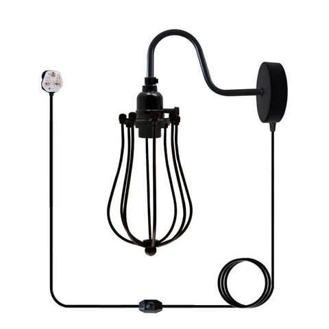 Black Vintage Industrial Light Plug in Wire cage E27 Wall Lamp~5059