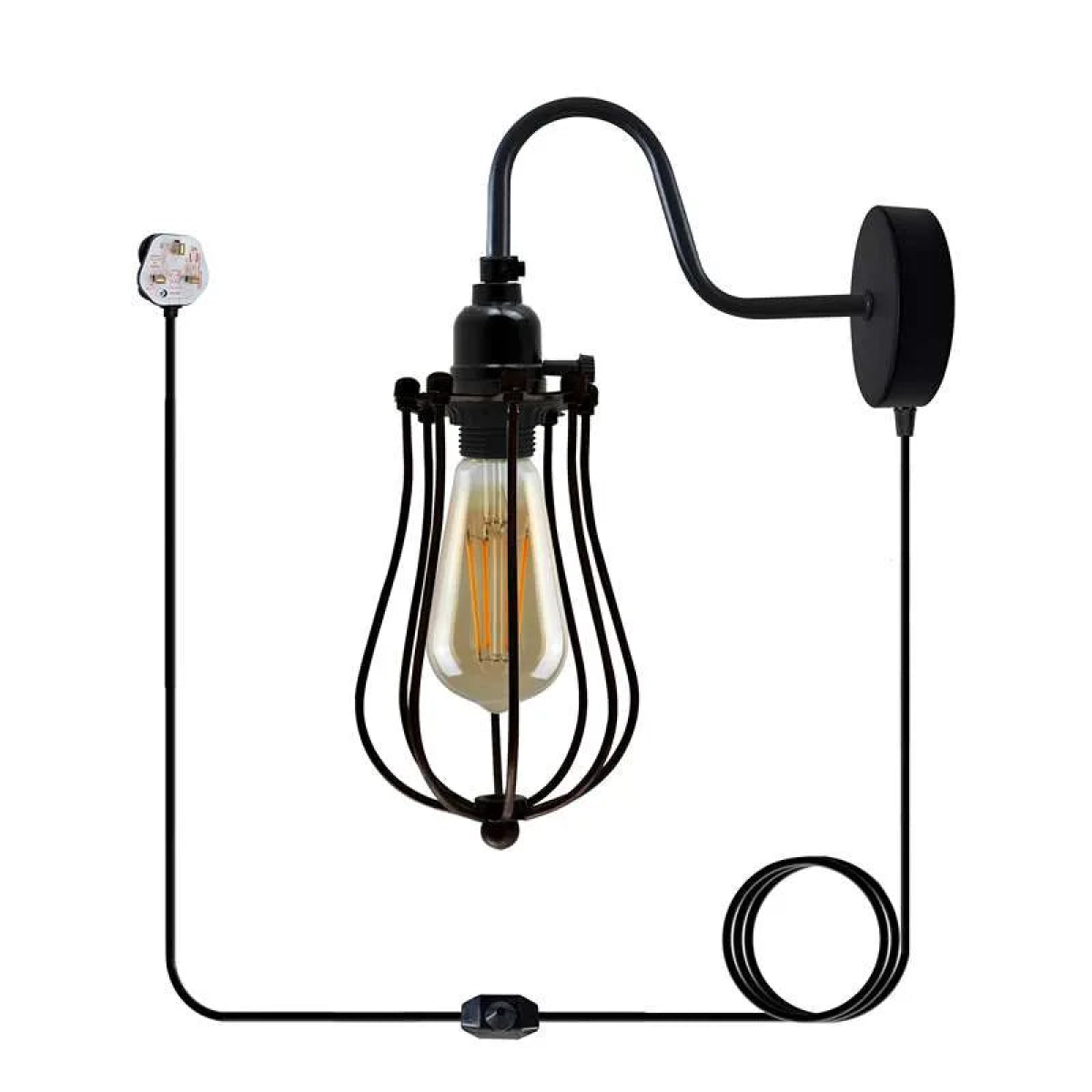 Black Vintage Industrial Light Plug in Wire cage E27 Wall Lamp~5059