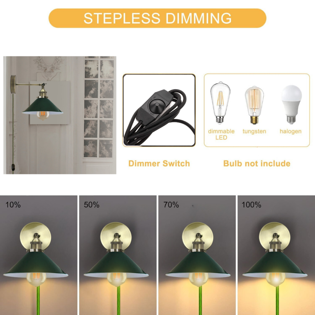 Cord plug in Wall light with Dimmer Switch ~2224