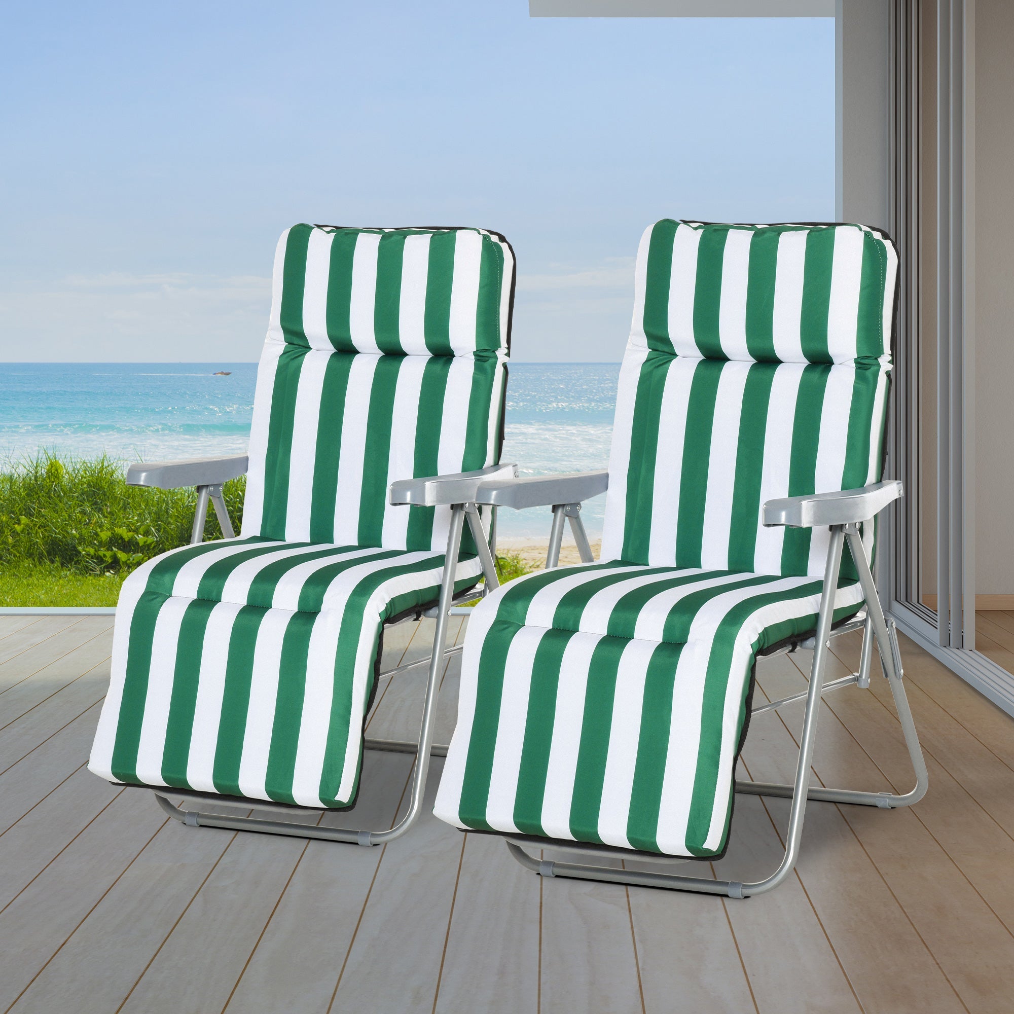2 Outdoor Sun Recliners Loungers Folding Multi Position Relaxers Chair & Cushion