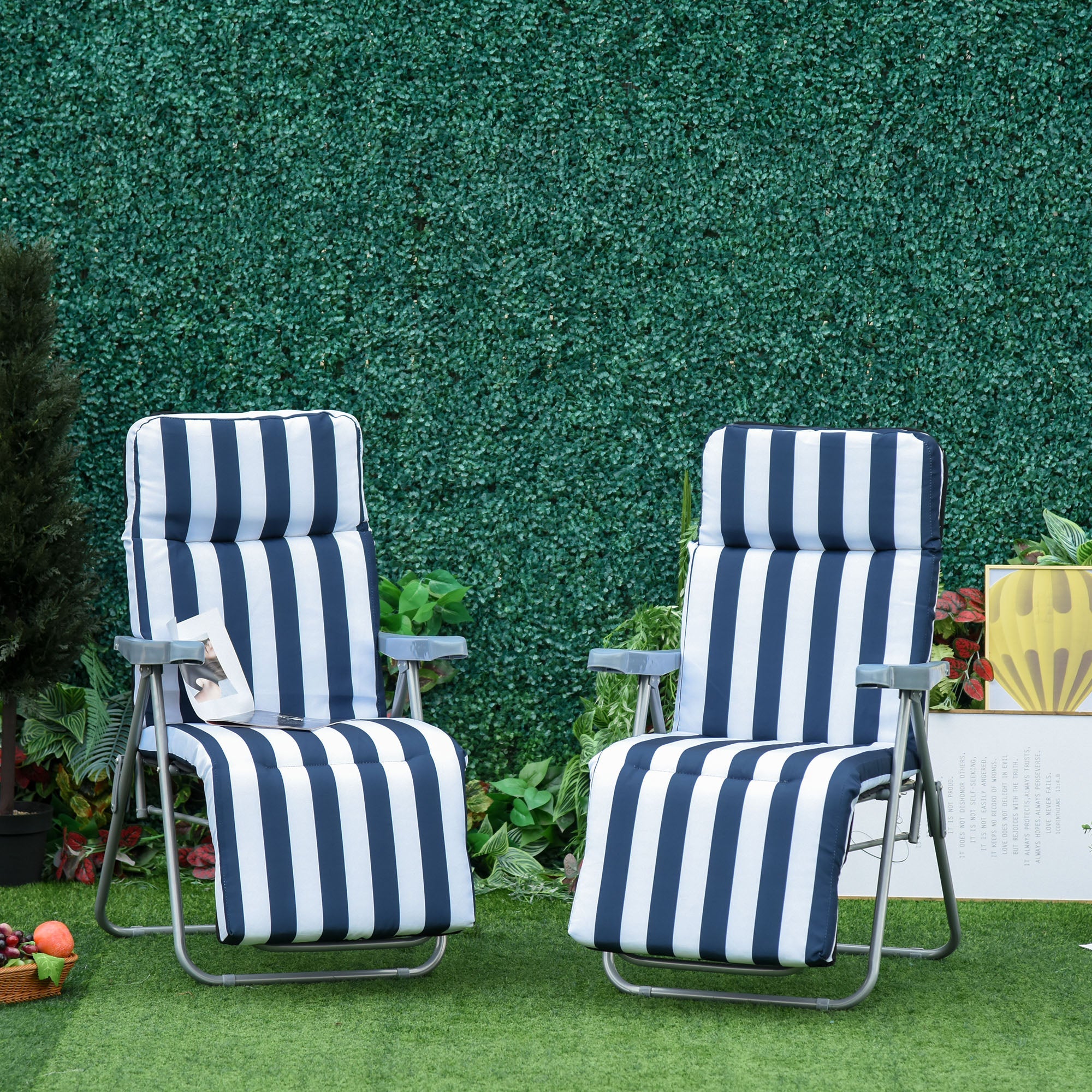 2 Outdoor Sun Recliners Loungers Folding Multi Position Relaxers Chair & Cushion
