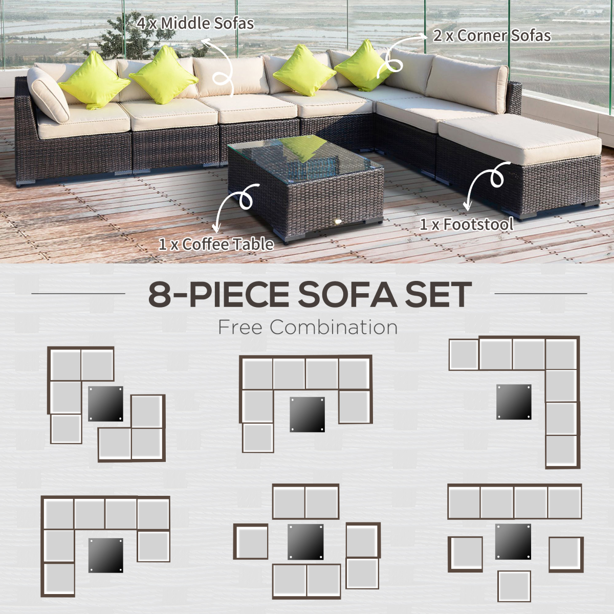 8 Pcs Rattan Sofa Set W/Cushions
