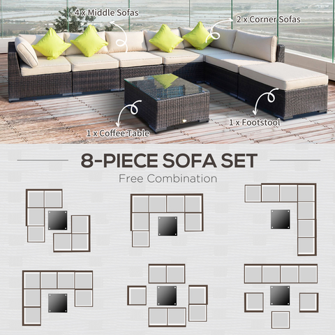 8 Pcs Rattan Sofa Set W/Cushions