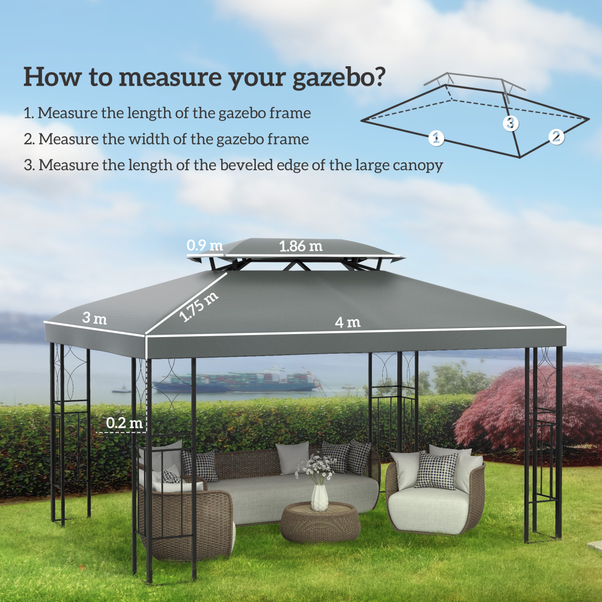3x4m Gazebo Replacement Roof Canopy 2 Tier Top UV Cover Sun Awning Shelters