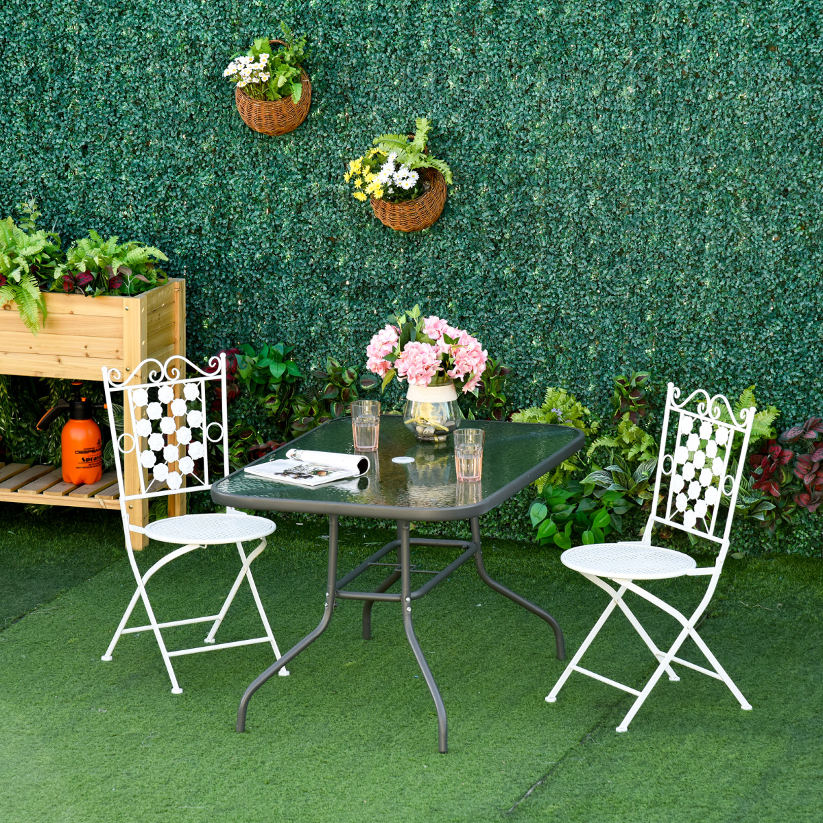 Aquatex Glass Garden Table Curved Metal Frame w/ Parasol Hole 4 Legs
