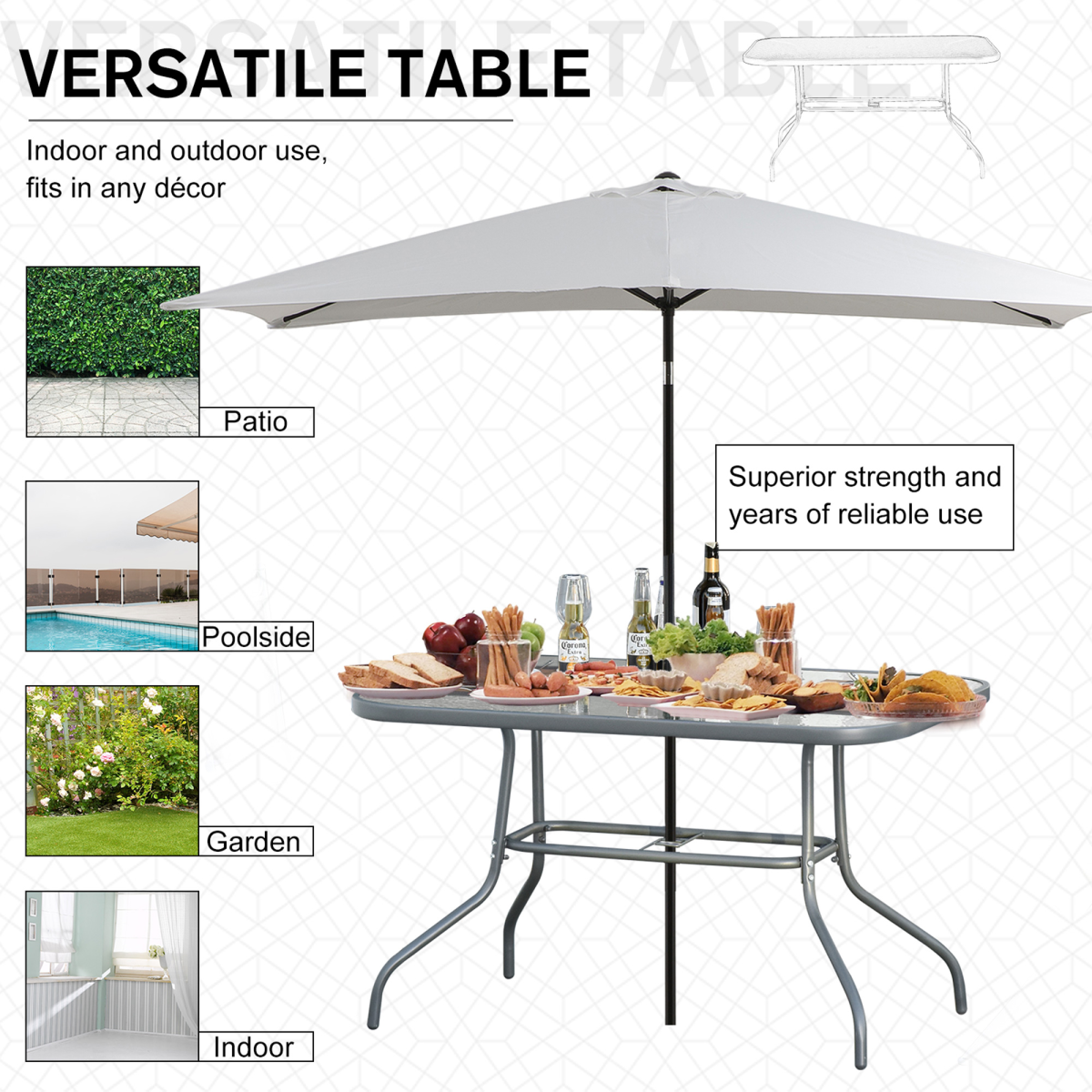 Aquatex Glass Garden Table Curved Metal Frame w/ Parasol Hole 4 Legs
