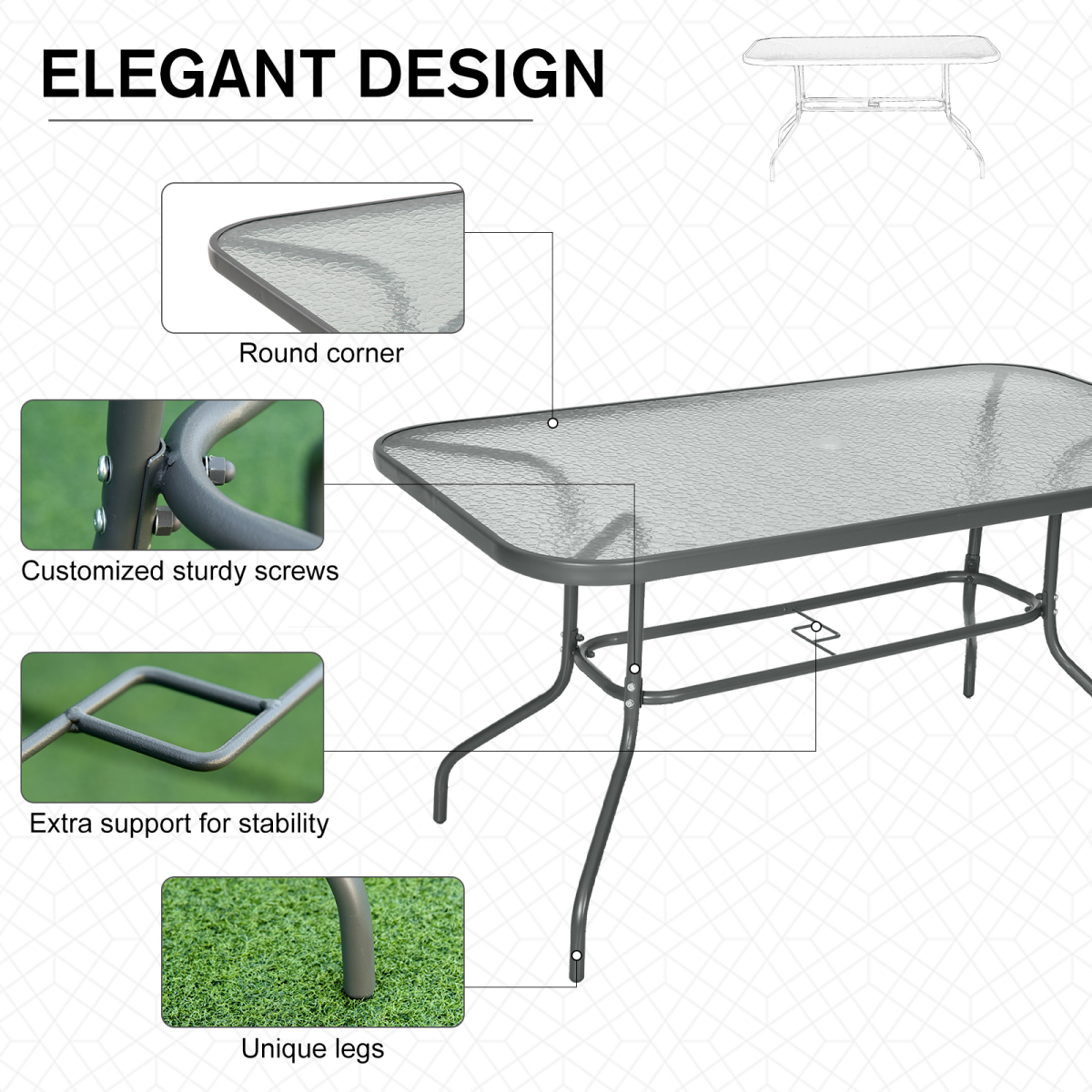 Aquatex Glass Garden Table Curved Metal Frame w/ Parasol Hole 4 Legs