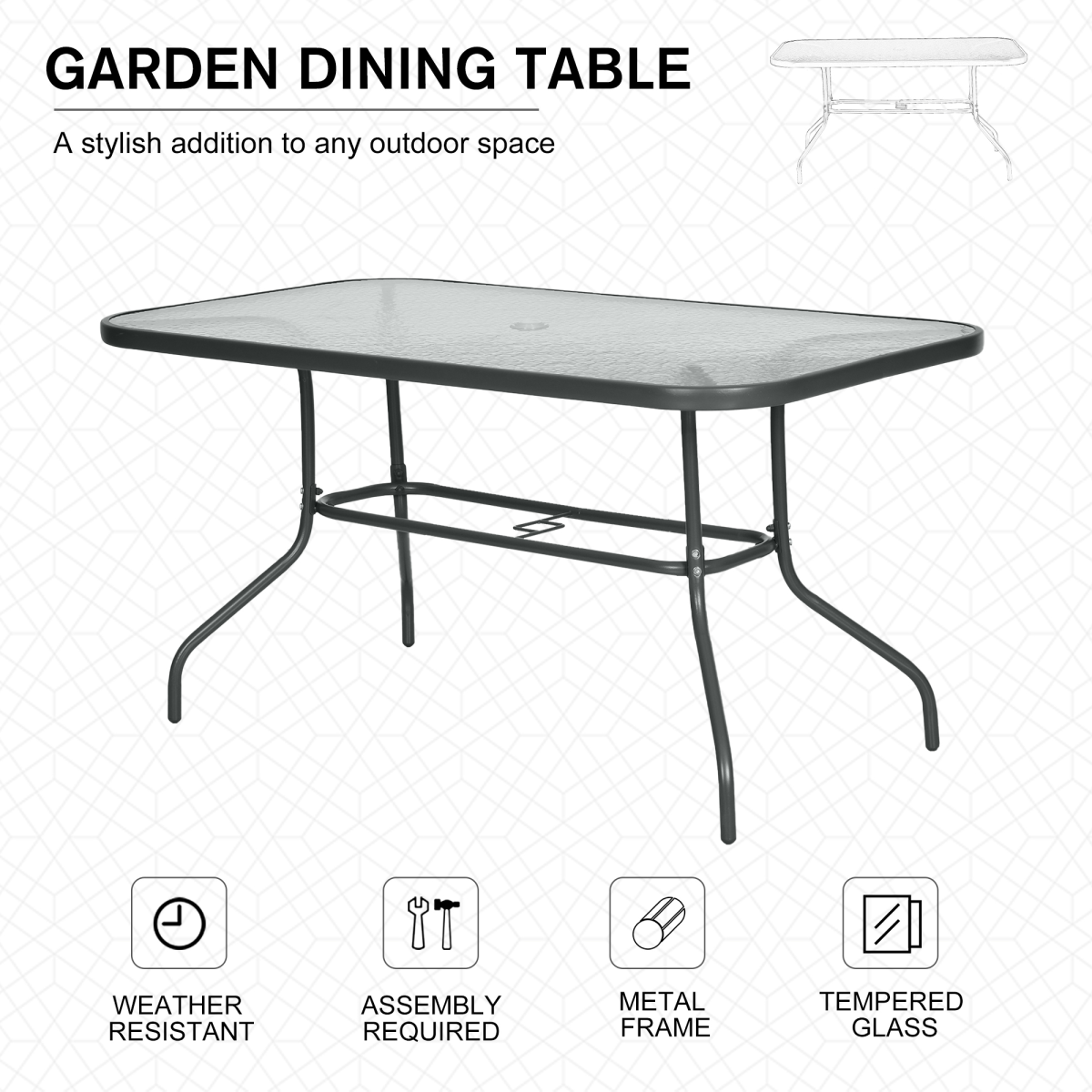 Aquatex Glass Garden Table Curved Metal Frame w/ Parasol Hole 4 Legs