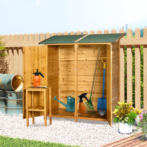 Garden Wood Storage Shed Storage Table, Asphalt Roof Storage Tool Organizer