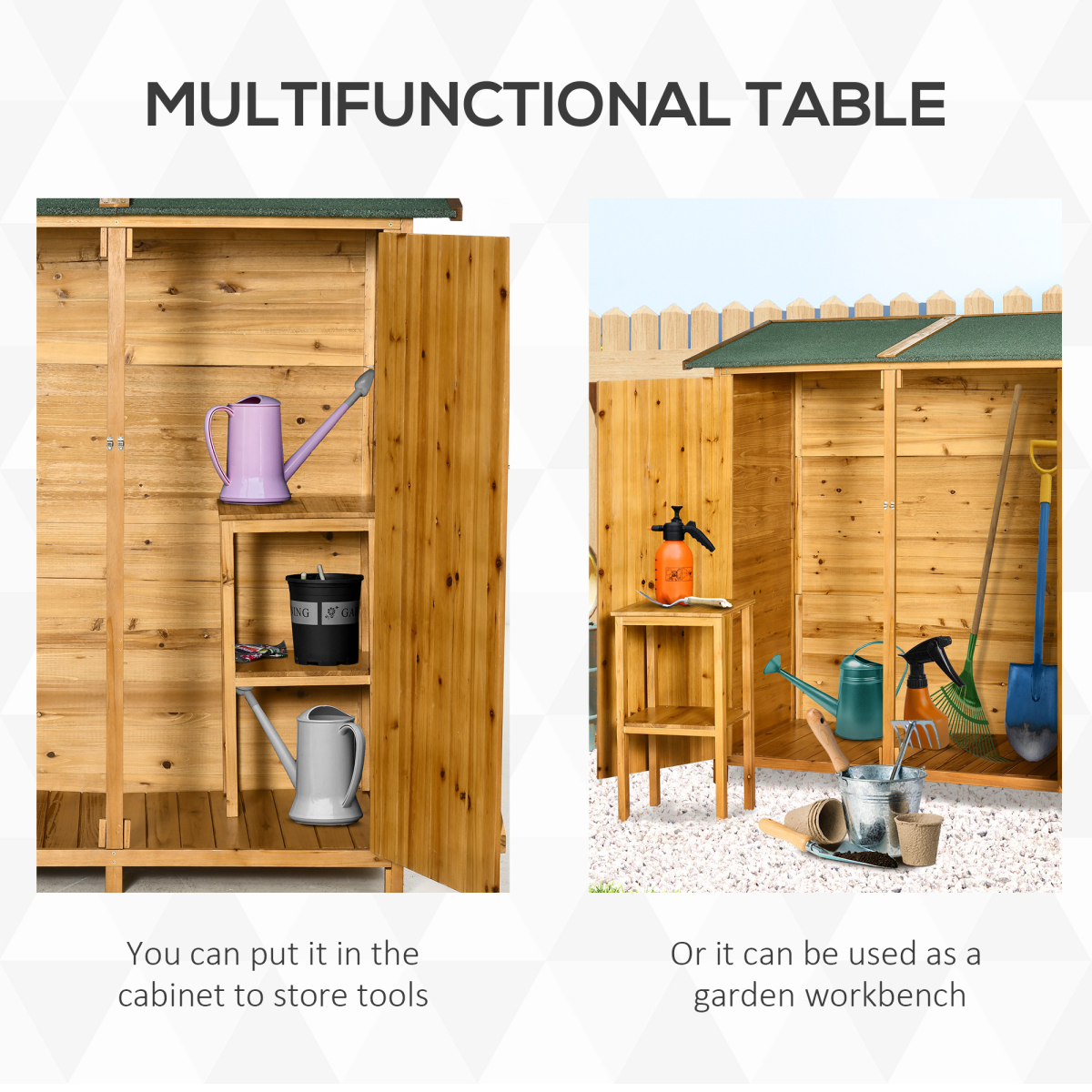 Garden Wood Storage Shed Storage Table, Asphalt Roof Storage Tool Organizer