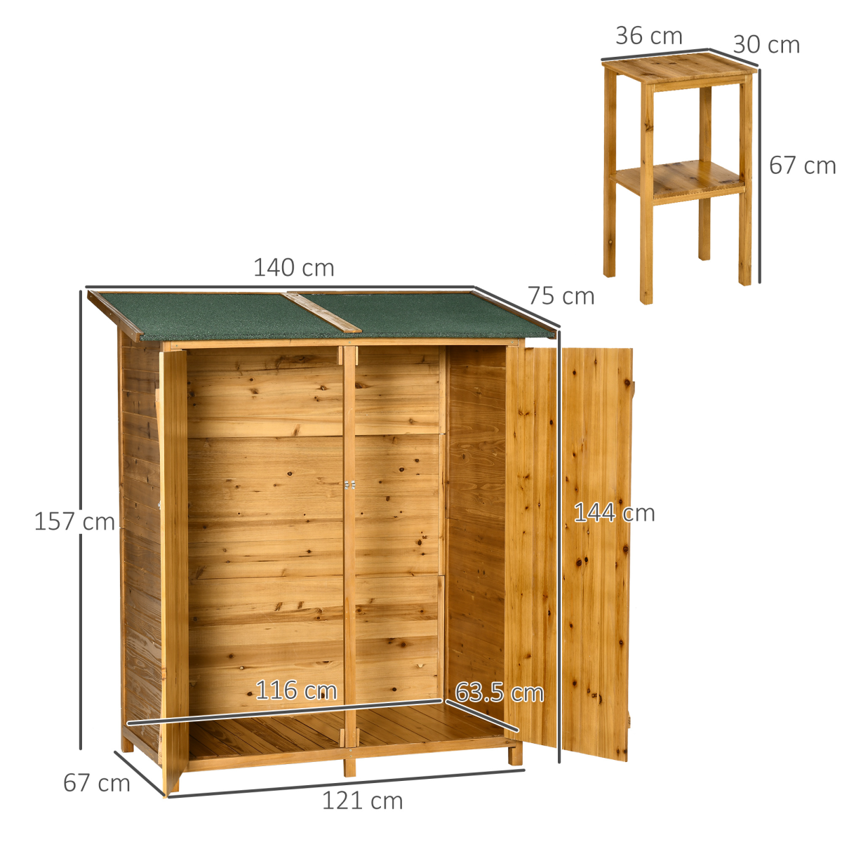 Garden Wood Storage Shed Storage Table, Asphalt Roof Storage Tool Organizer