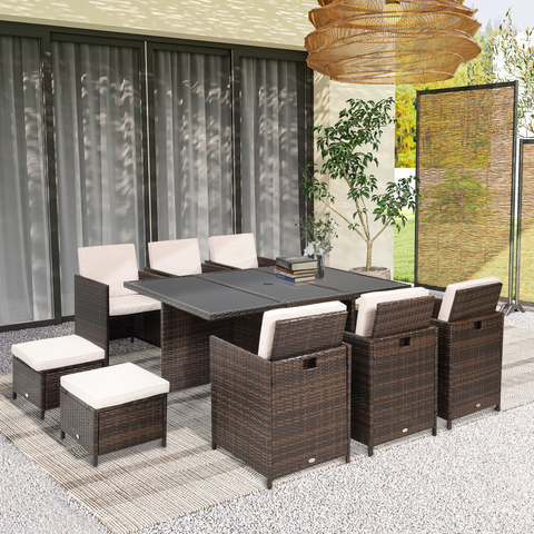 11pc Rattan Garden Dining Set 10 Cube Sofa 6 Chairs 4 Footrests & 1 Table