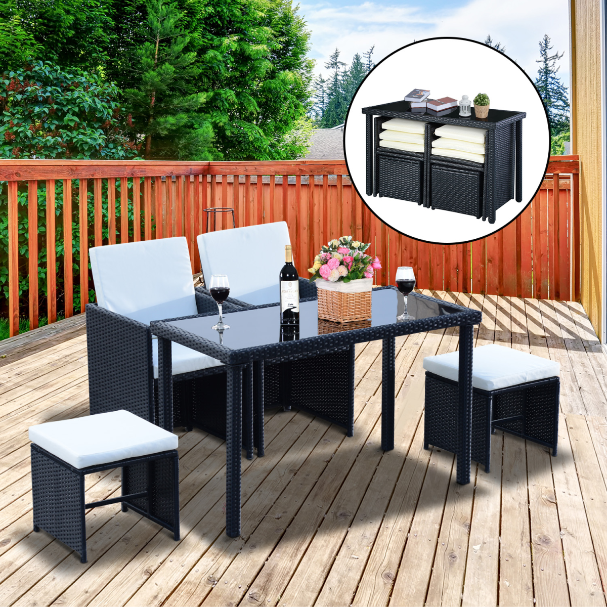 5 PCs Rattan Garden Furniture Wicker Weave Sofa Set Dining Table Chair Footrest