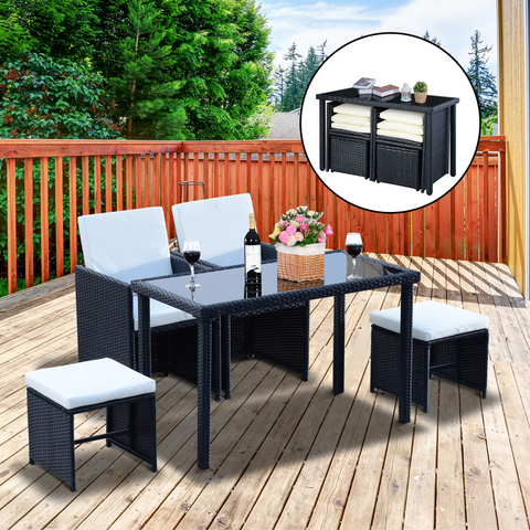 5 PCs Rattan Garden Furniture Wicker Weave Sofa Set Dining Table Chair Footrest