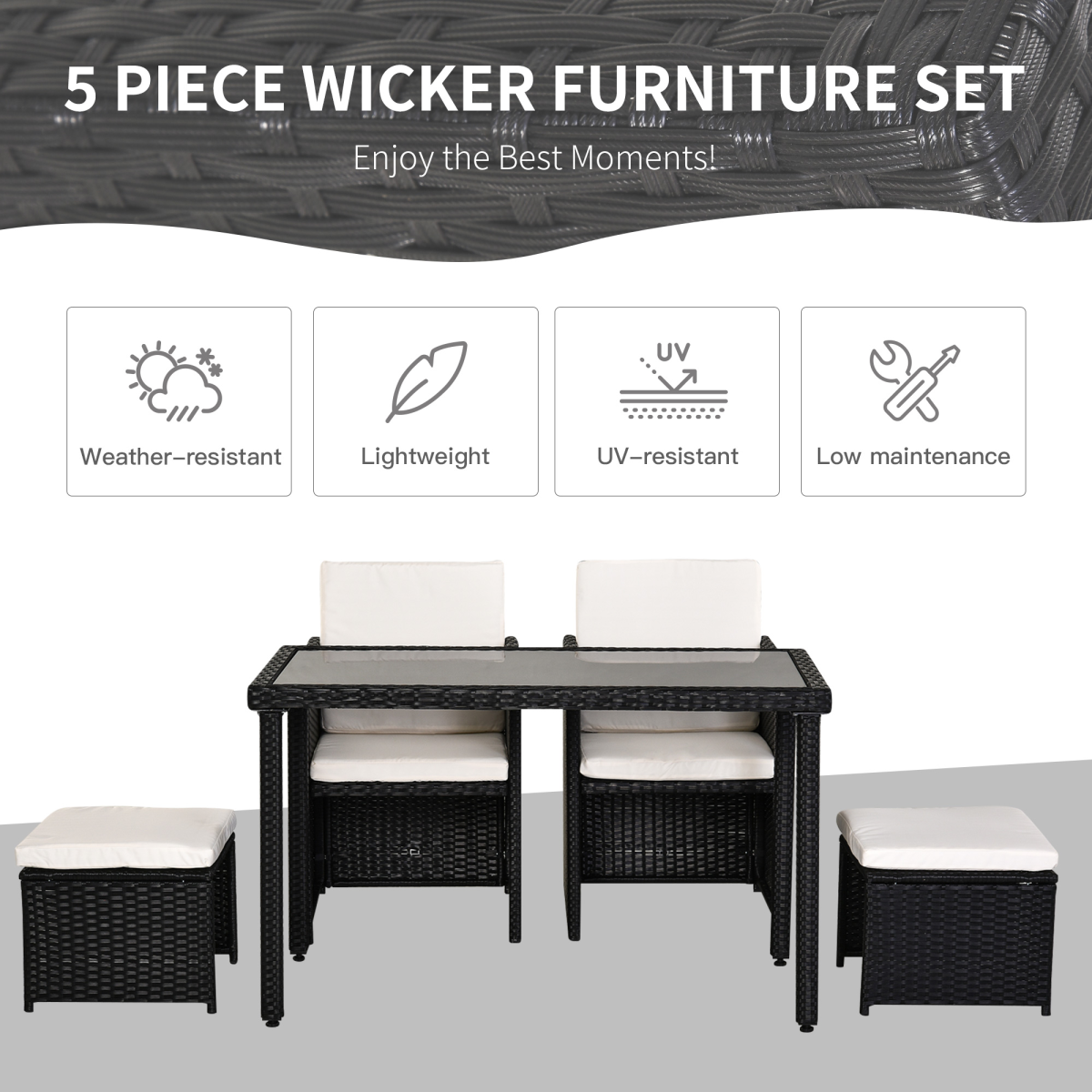 5 PCs Rattan Garden Furniture Wicker Weave Sofa Set Dining Table Chair Footrest