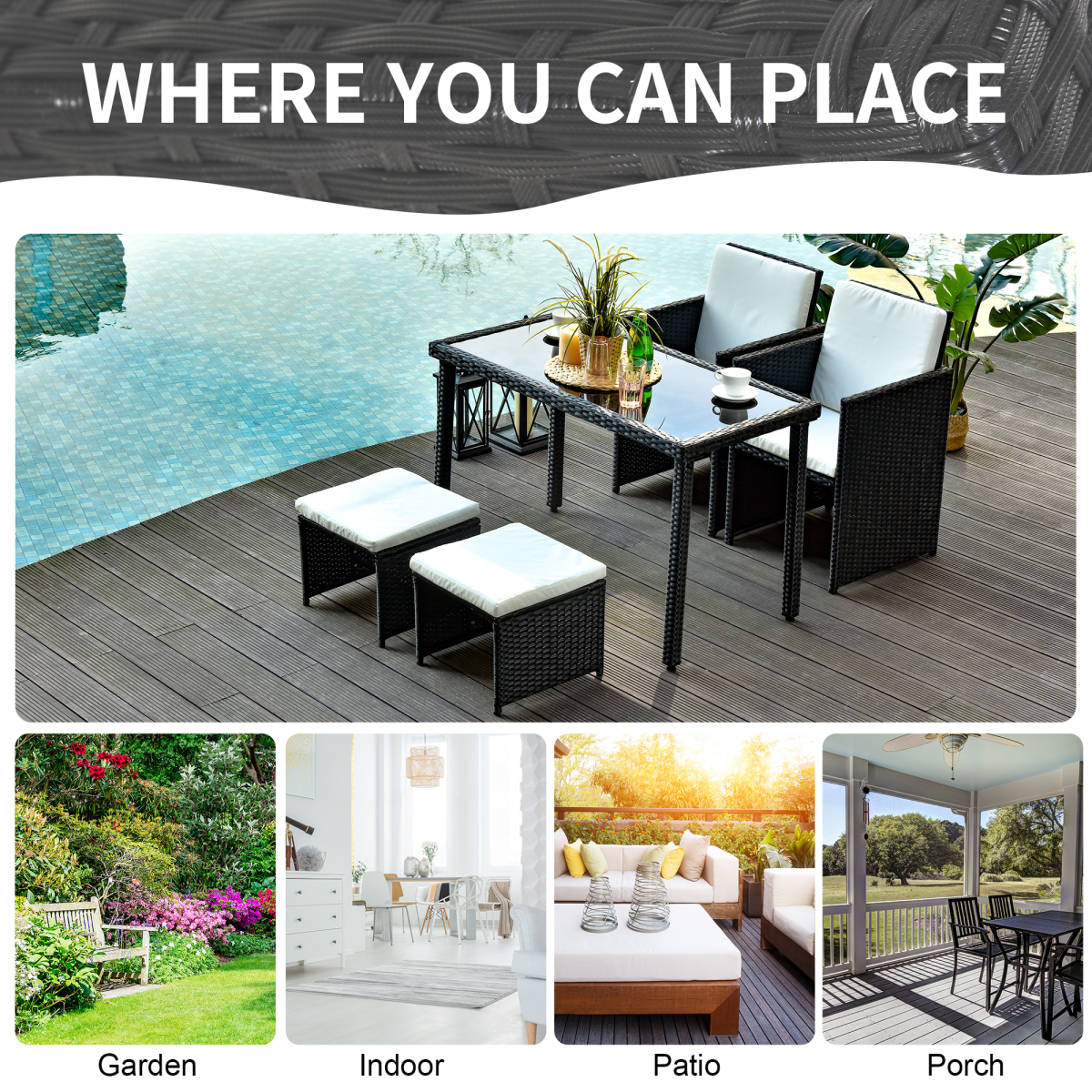 5 PCs Rattan Garden Furniture Wicker Weave Sofa Set Dining Table Chair Footrest