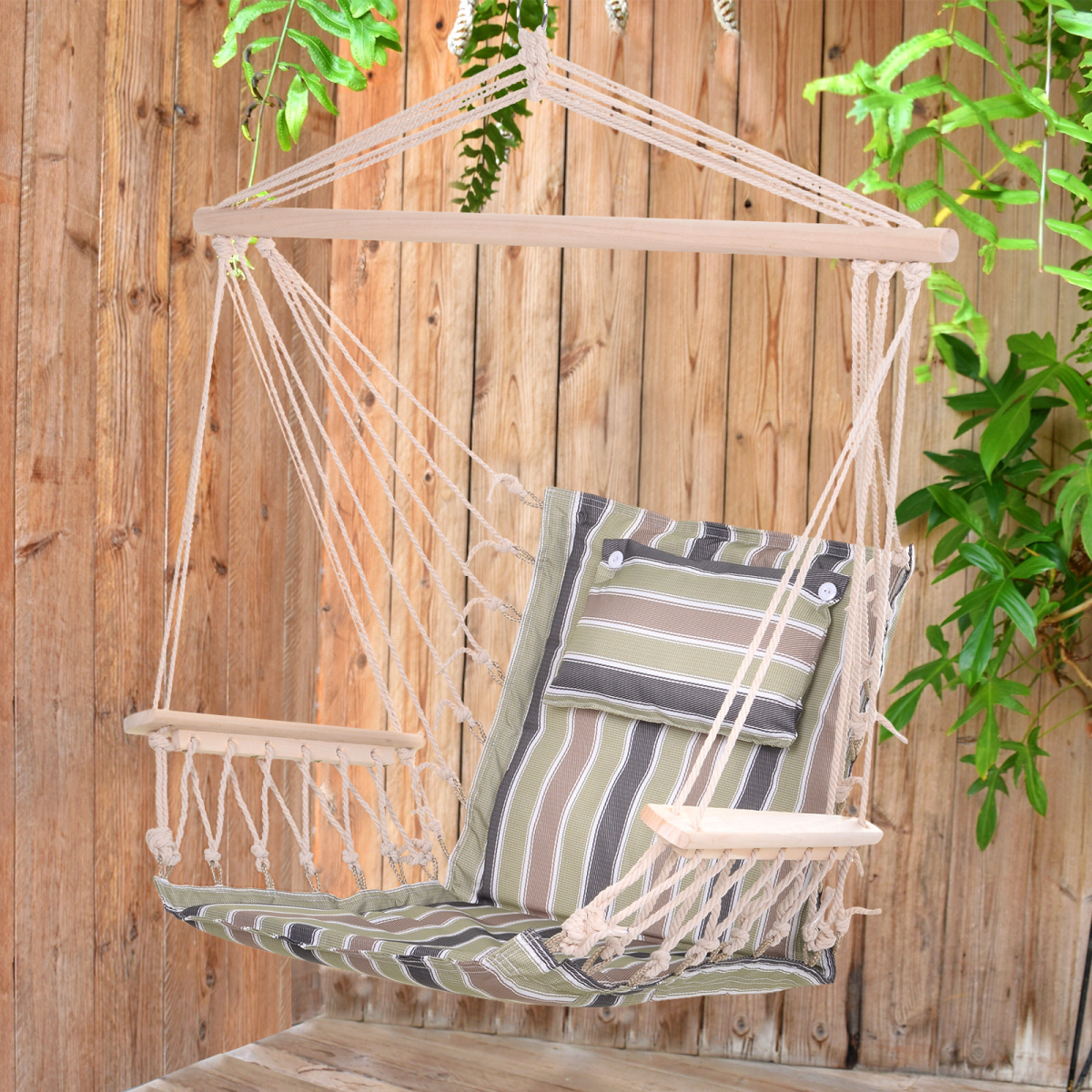 100x106cm Hanging Hammock Chair Thick Rope Frame Pillow Wooden Arms