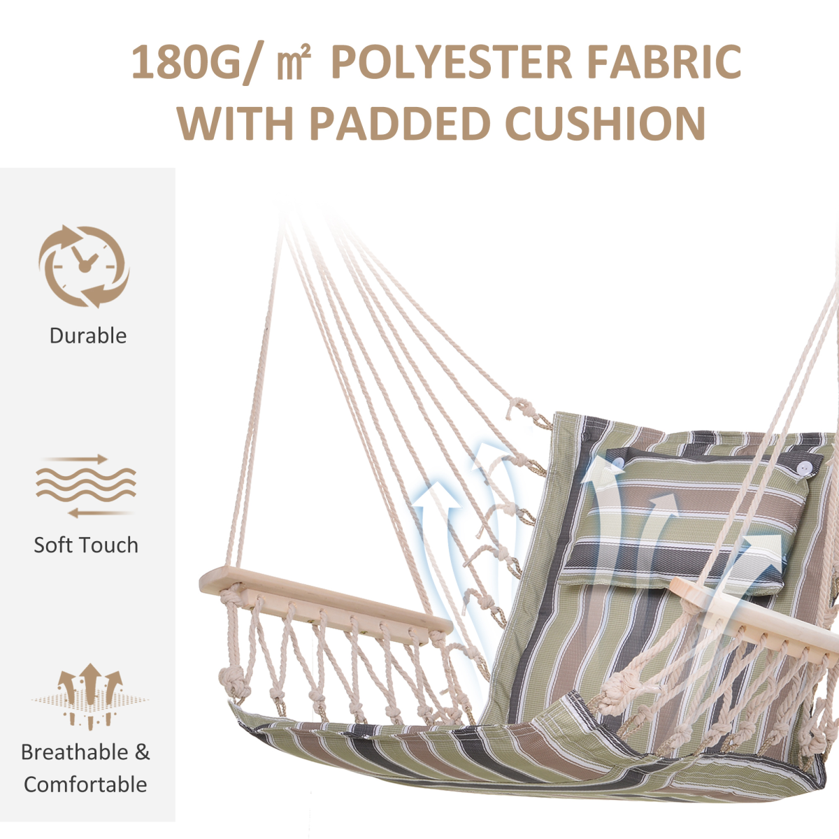 100x106cm Hanging Hammock Chair Thick Rope Frame Pillow Wooden Arms