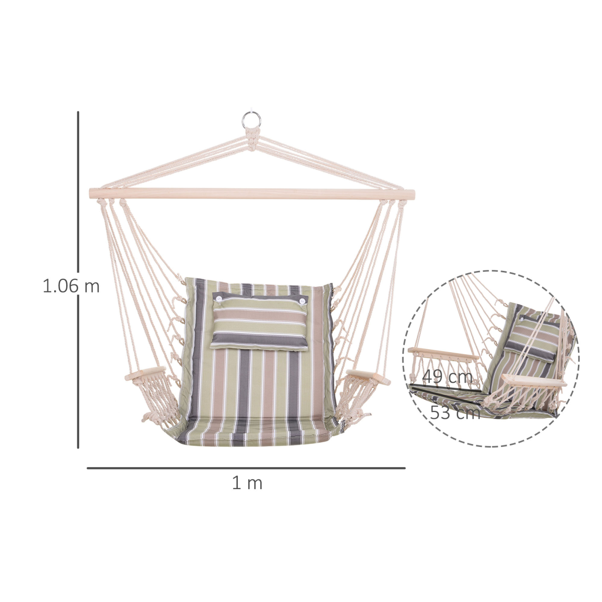 100x106cm Hanging Hammock Chair Thick Rope Frame Pillow Wooden Arms