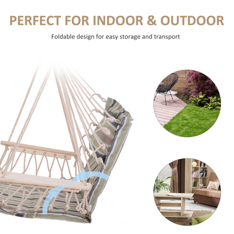 100x106cm Hanging Hammock Chair Thick Rope Frame Pillow Wooden Arms