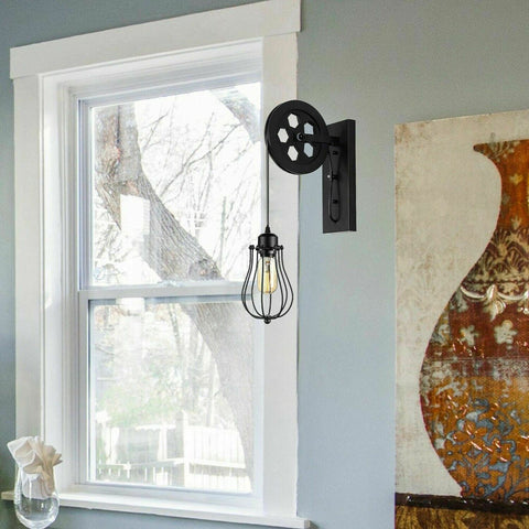 Retro Industrial Pulley Wheel Wall Light Fixture Metal Cage Indoor Light