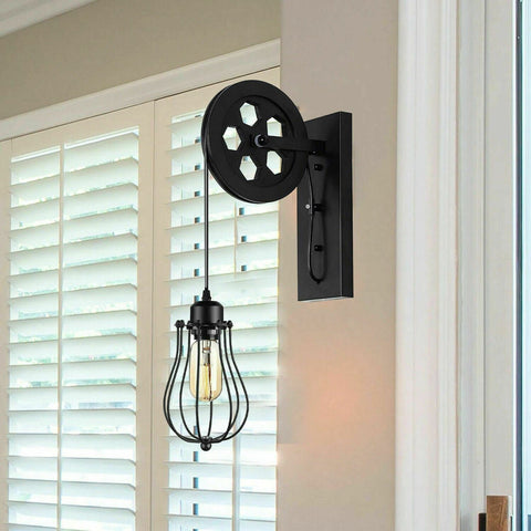 Retro Industrial Pulley Wheel Wall Light Fixture Metal Cage Indoor Light