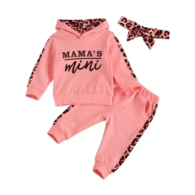 Infant Baby Girl 3-Piece Outfit Set - Hooded T-shirt, Long Pants, and Headband - Letter Print, Leopard Stitching - Spring/Fall Clothes
