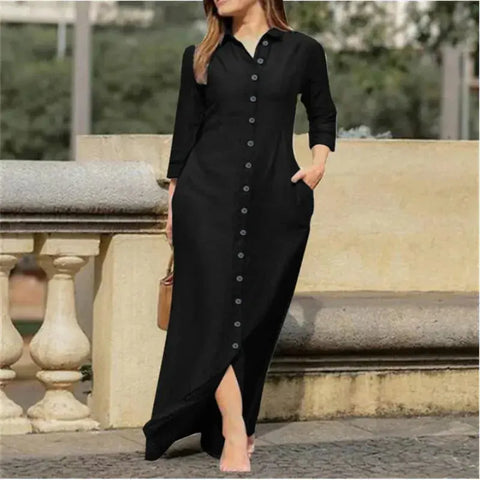 Women's Casual Denim Long Sleeved Dress with Lapel Buttons, Elegant and Loose Fitting Women's Fashionable Denim Long Dress