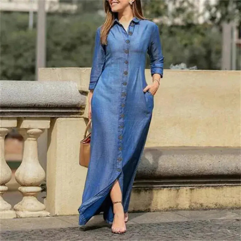 Women's Casual Denim Long Sleeved Dress with Lapel Buttons, Elegant and Loose Fitting Women's Fashionable Denim Long Dress