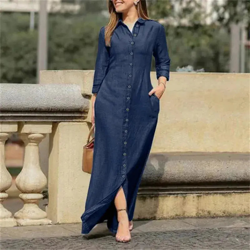 Women's Casual Denim Long Sleeved Dress with Lapel Buttons, Elegant and Loose Fitting Women's Fashionable Denim Long Dress
