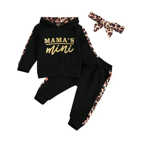 Infant Baby Girl 3-Piece Outfit Set - Hooded T-shirt, Long Pants, and Headband - Letter Print, Leopard Stitching - Spring/Fall Clothes