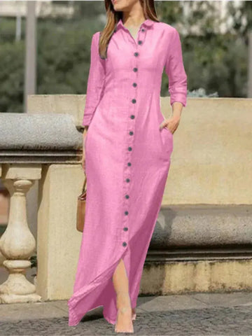Women's Casual Denim Long Sleeved Dress with Lapel Buttons, Elegant and Loose Fitting Women's Fashionable Denim Long Dress