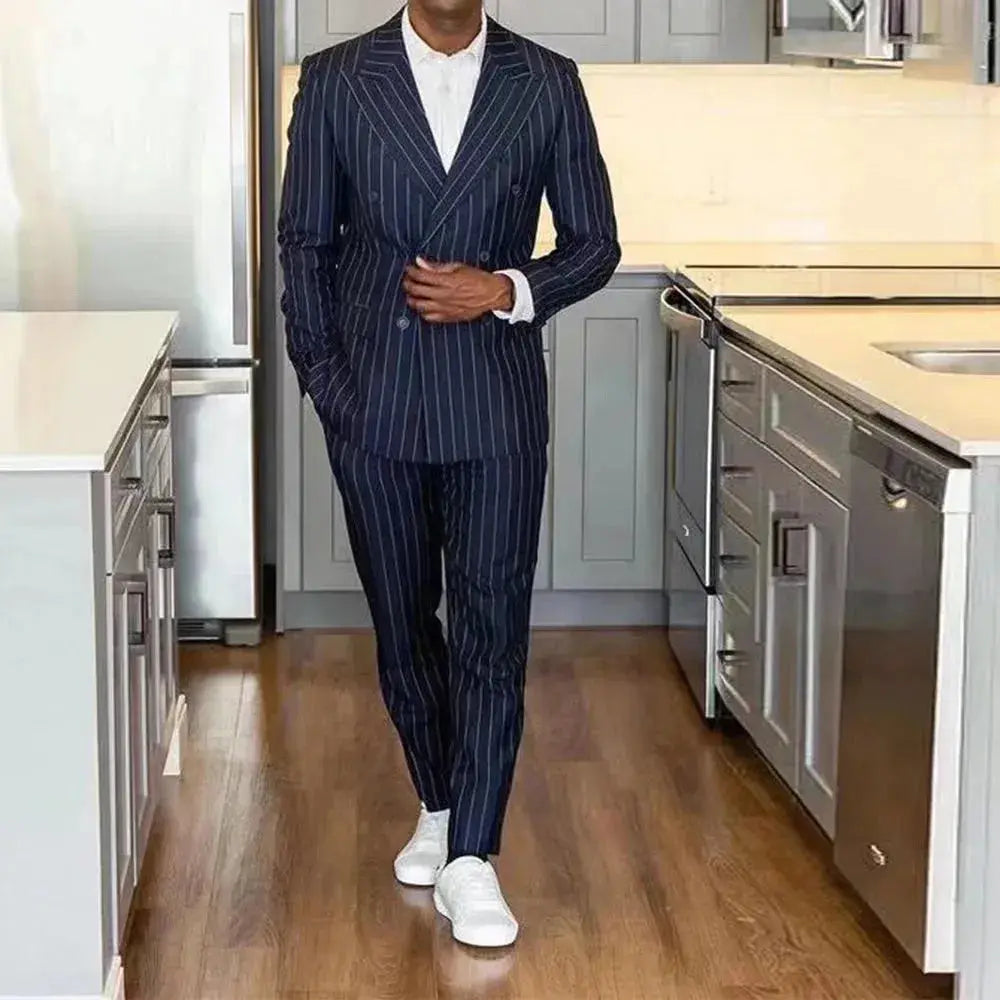 Navy pinstripe mens wedding tuxedos double breasted peaked lapel groom wear